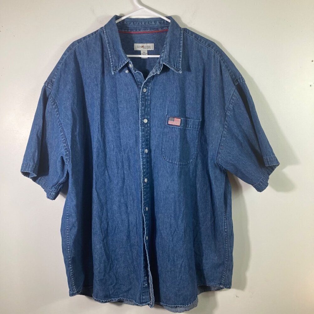Mens Vintage Sun River Clothing Co Short Sleeve Cotton Denim Button Shirt 2XL